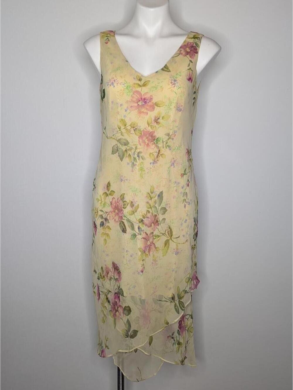 Vintage Scarlett 90s Yellow Pink Layered Floral Chiffon Sleeveless Midi Dress 10